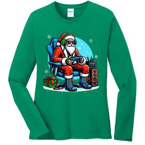 Christmas Santa Gamer Xmas Funny Video Gaming Christmas Ladies Long Sleeve Shirt