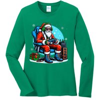 Christmas Santa Gamer Xmas Funny Video Gaming Christmas Ladies Long Sleeve Shirt