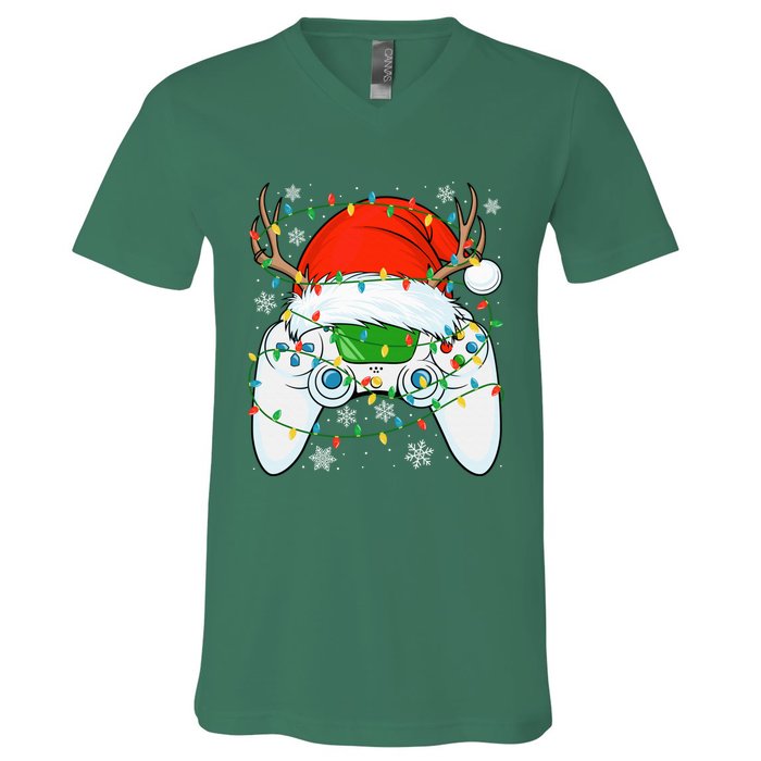 Christmas Santa Gamer Xmas Funny Video Gaming Christmas V-Neck T-Shirt