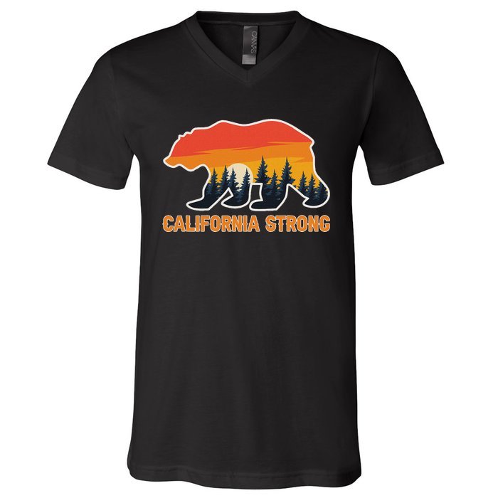 California Strong Grizzly Bear Sunset Vintage V-Neck T-Shirt