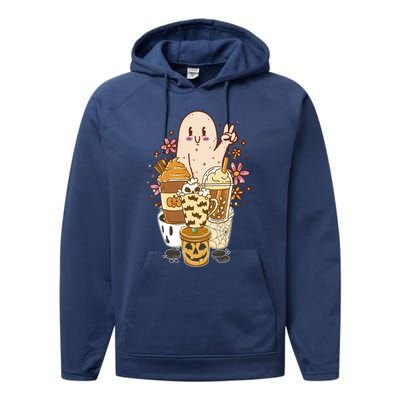 Cute Spooky Ghost Boho Coffee Autumn Aesthetic Halloween Cool Gift Performance Fleece Hoodie