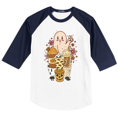 Cute Spooky Ghost Boho Coffee Autumn Aesthetic Halloween Cool Gift Baseball Sleeve Shirt