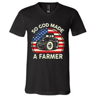 Christian So God Made Farmer Tractor American Flag V-Neck T-Shirt