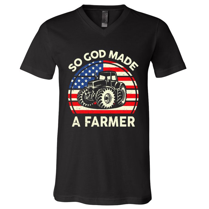 Christian So God Made Farmer Tractor American Flag V-Neck T-Shirt