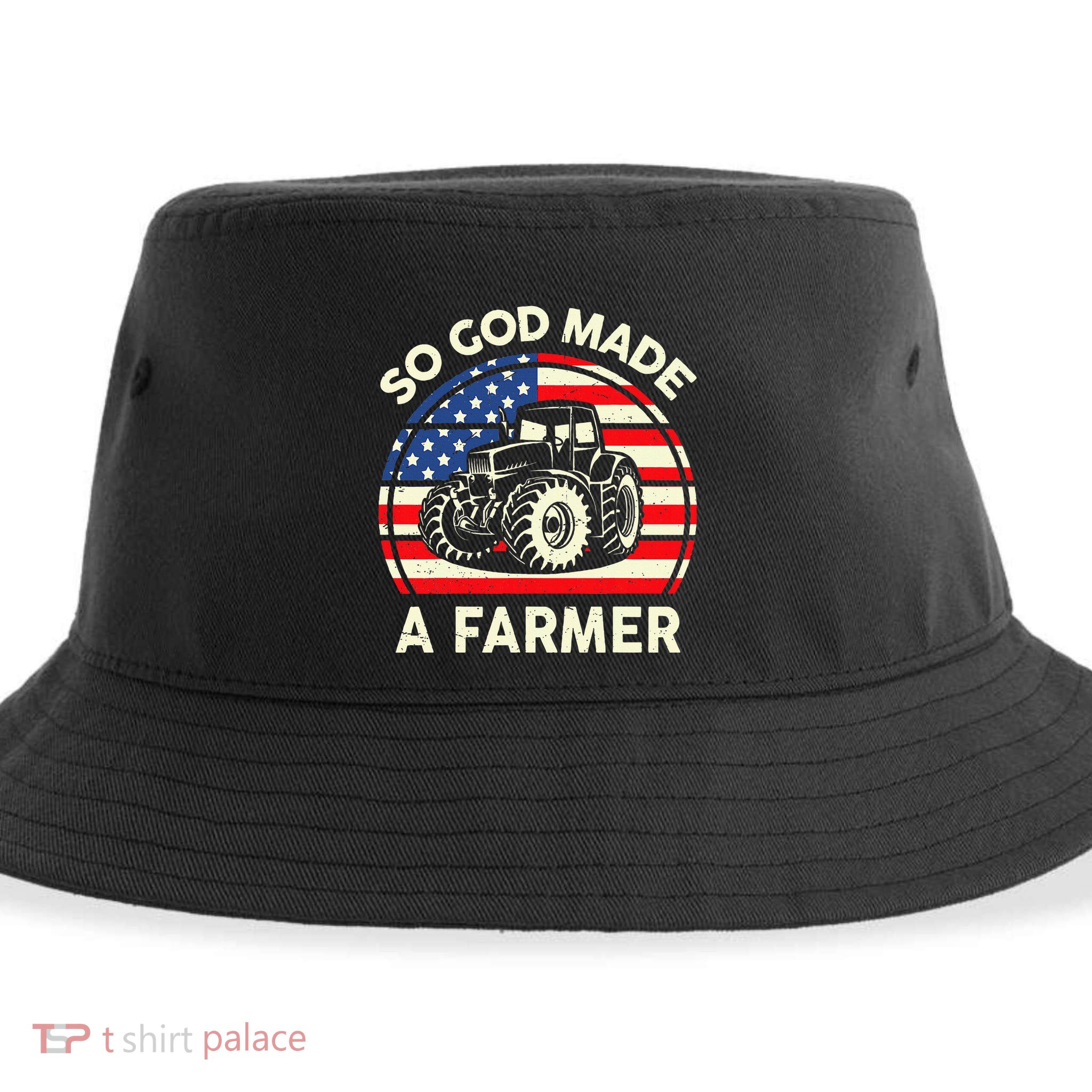 Christian So God Made Farmer Tractor American Flag Sustainable Bucket Hat