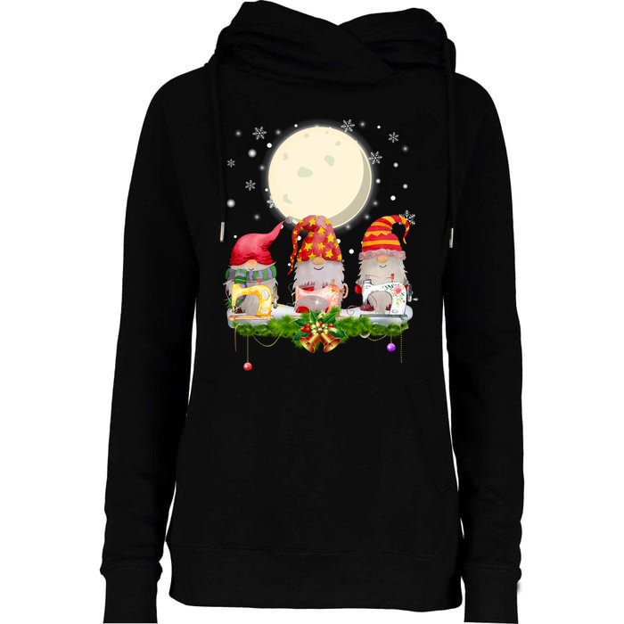 Cute Sewing Gnomes Santa Quilting Xmas Christmas Gift Long Sleeve Womens Funnel Neck Pullover Hood