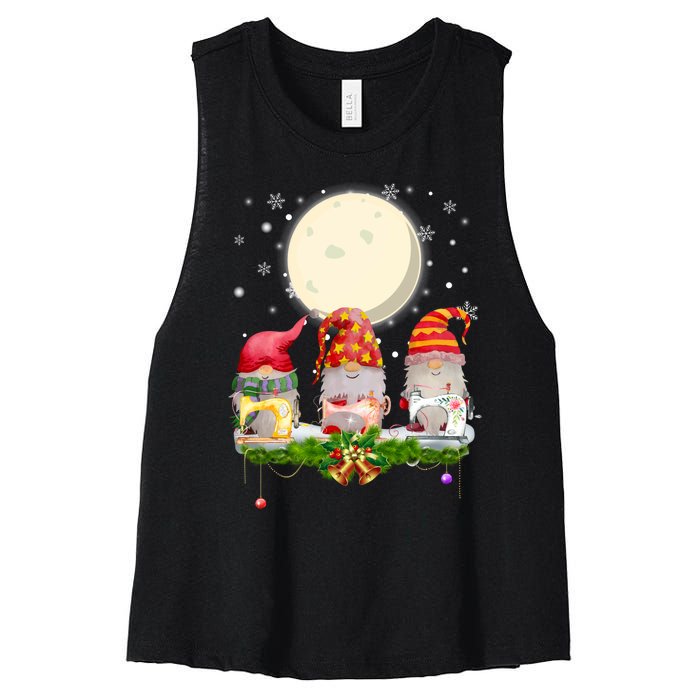 Cute Sewing Gnomes Santa Quilting Xmas Christmas Gift Long Sleeve Women's Racerback Cropped Tank