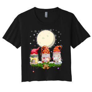 Cute Sewing Gnomes Santa Quilting Xmas Christmas Gift Long Sleeve Women's Crop Top Tee