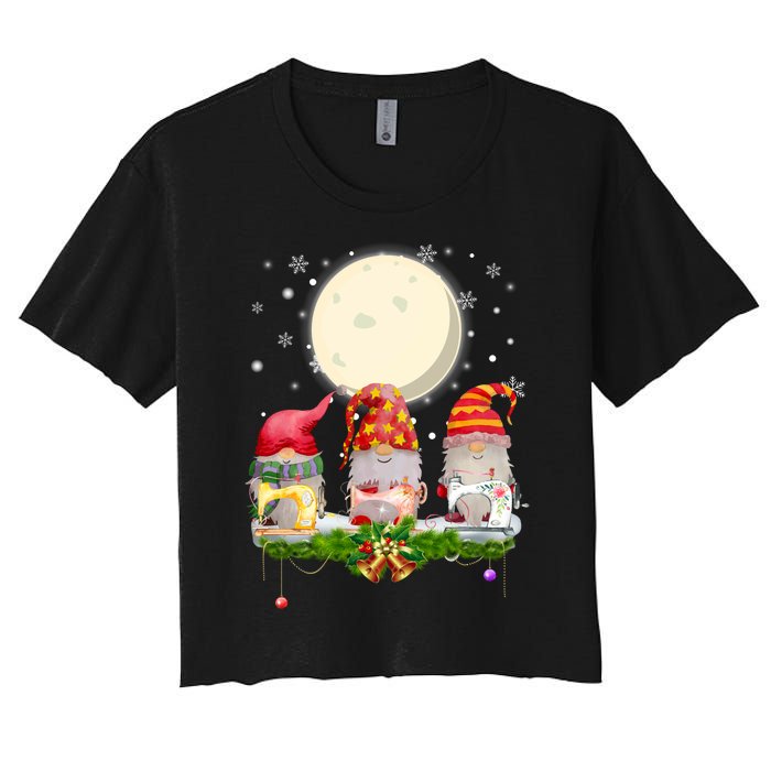 Cute Sewing Gnomes Santa Quilting Xmas Christmas Gift Long Sleeve Women's Crop Top Tee