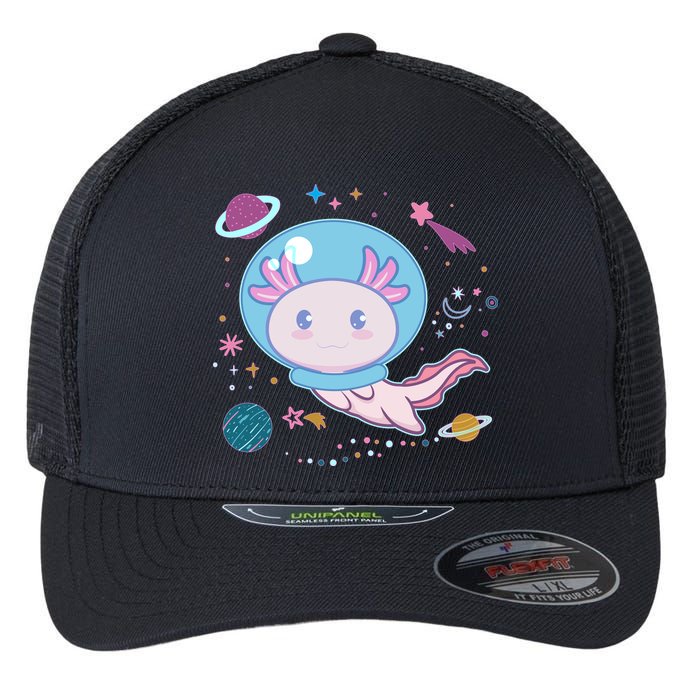 Cute Space Galaxy Astronaut Axolotl Flexfit Unipanel Trucker Cap