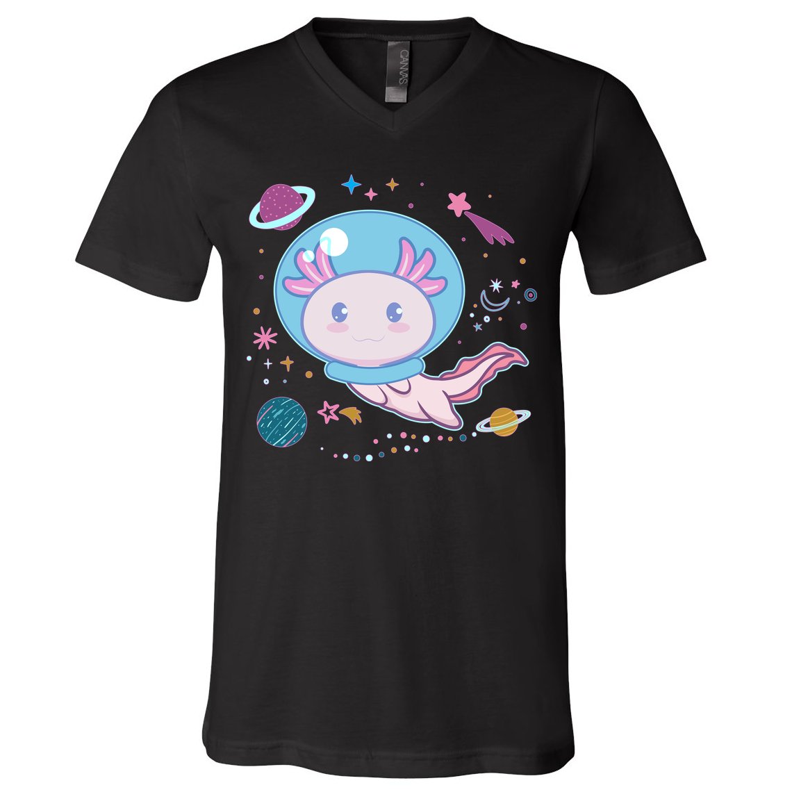 Cute Space Galaxy Astronaut Axolotl V-Neck T-Shirt