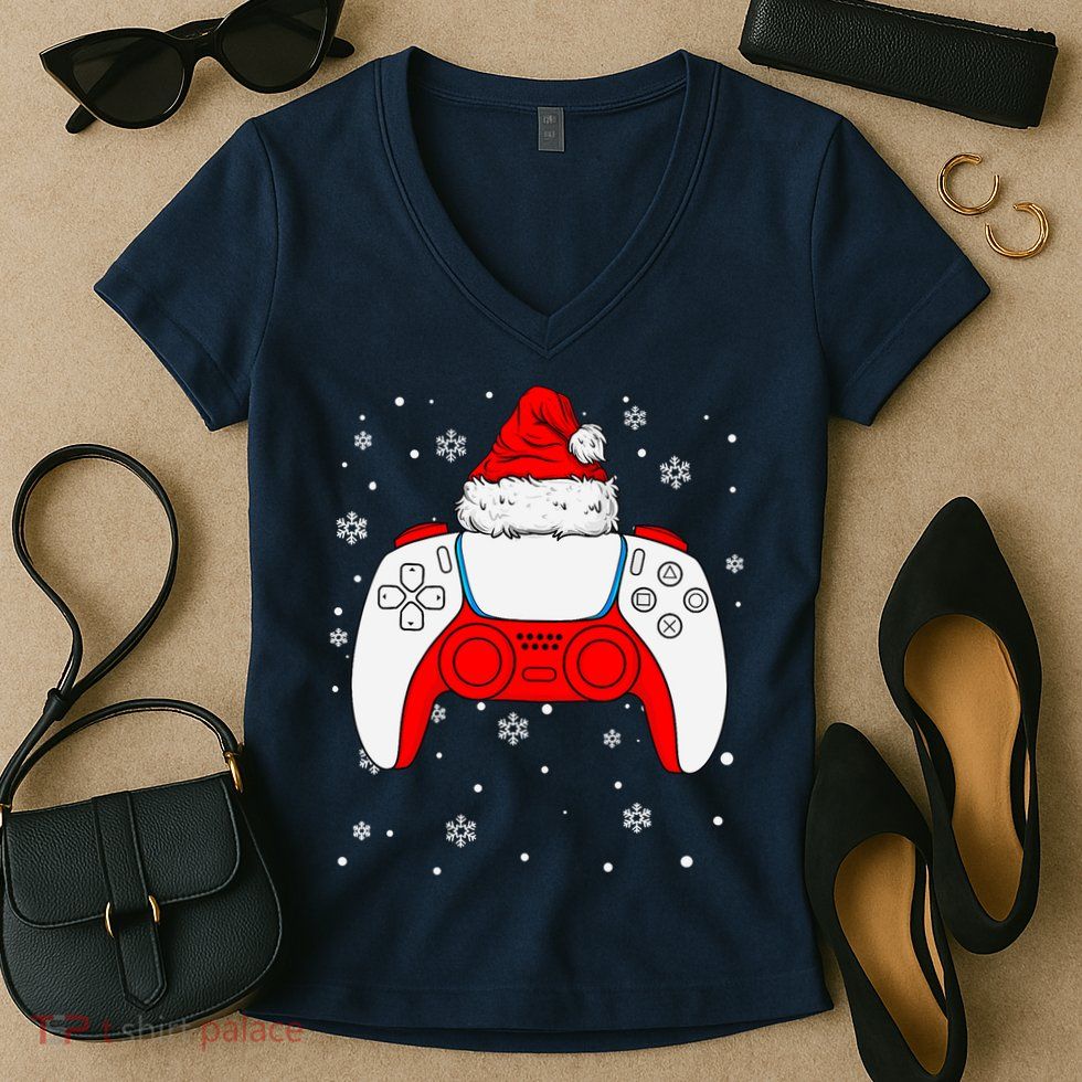 Christmas Santa Gamer Controller Boys Teens Gaming Xmas Women's V-Neck T-Shirt