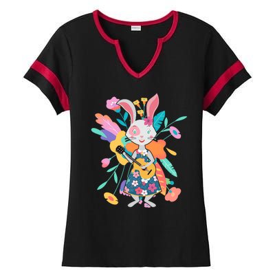 Cute Springtime Guitar Playing Bunny Rabbit Ladies Halftime Notch Neck Tee