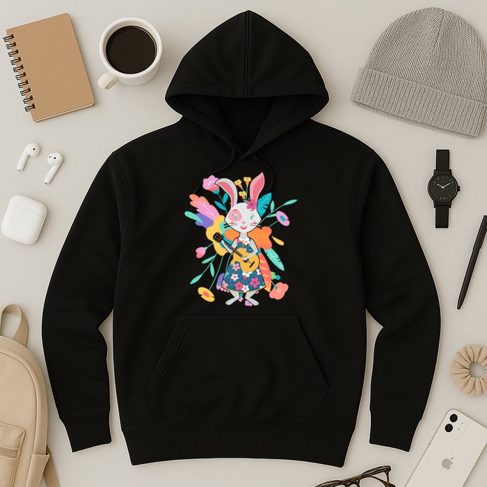 Cute Springtime Guitar Playing Bunny Rabbit Hoodie