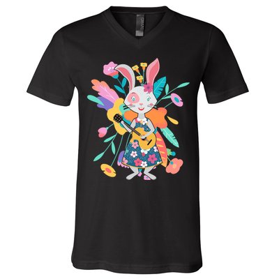 Cute Springtime Guitar Playing Bunny Rabbit V-Neck T-Shirt