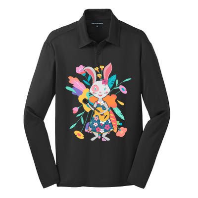 Cute Springtime Guitar Playing Bunny Rabbit Silk Touch Performance Long Sleeve Polo