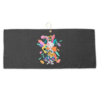 Cute Springtime Guitar Playing Bunny Rabbit Large Microfiber Waffle Golf Towel