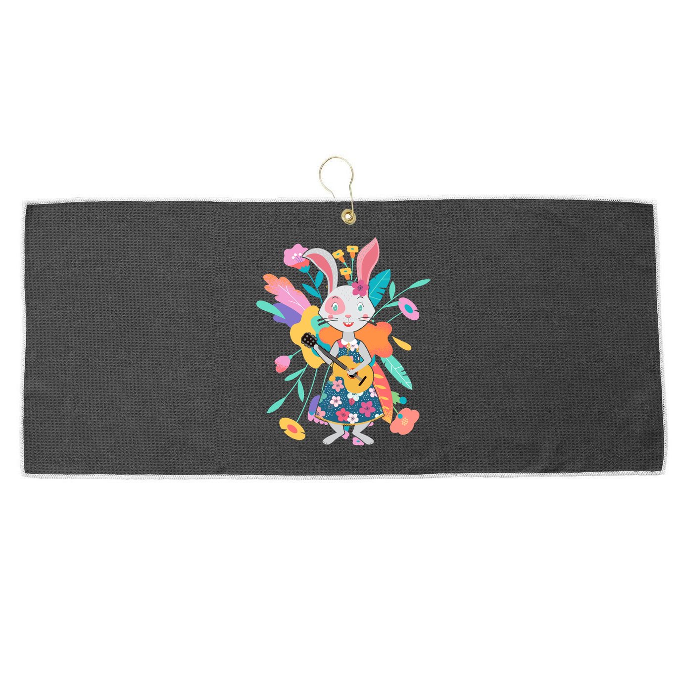 Cute Springtime Guitar Playing Bunny Rabbit Large Microfiber Waffle Golf Towel