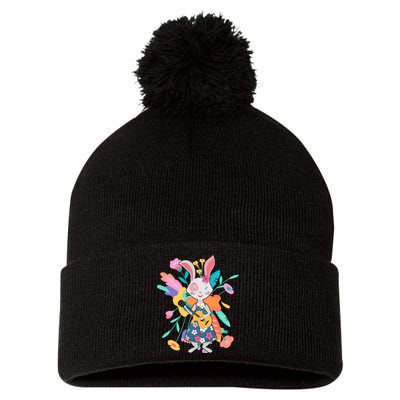 Cute Springtime Guitar Playing Bunny Rabbit Pom Pom 12in Knit Beanie