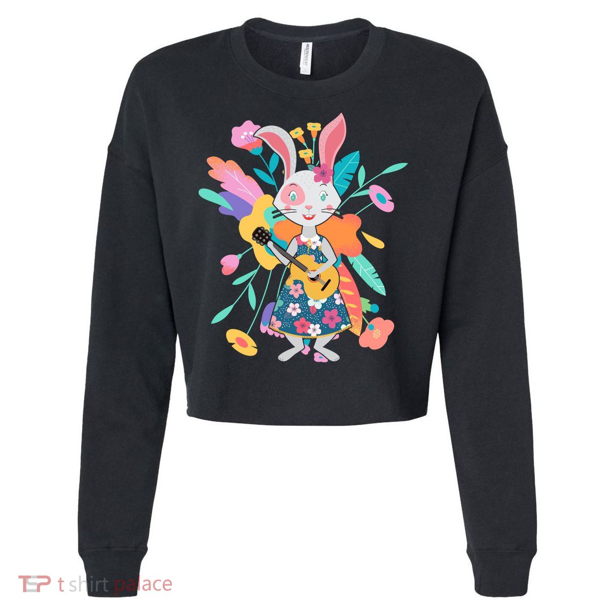 Cute Springtime Guitar Playing Bunny Rabbit Cropped Pullover Crew