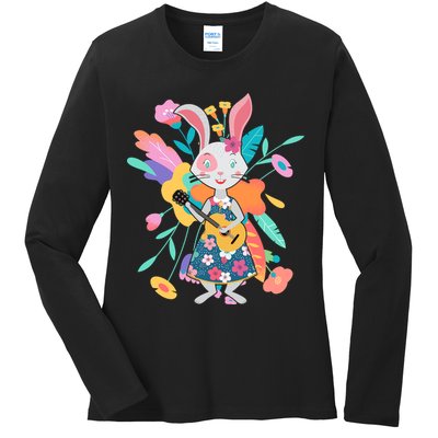 Cute Springtime Guitar Playing Bunny Rabbit Ladies Long Sleeve Shirt