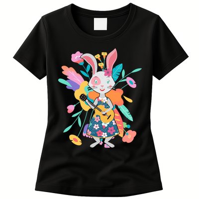 Cute Springtime Guitar Playing Bunny Rabbit Womens T-Shirt