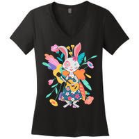 Cute Springtime Guitar Playing Bunny Rabbit Women's V-Neck T-Shirt