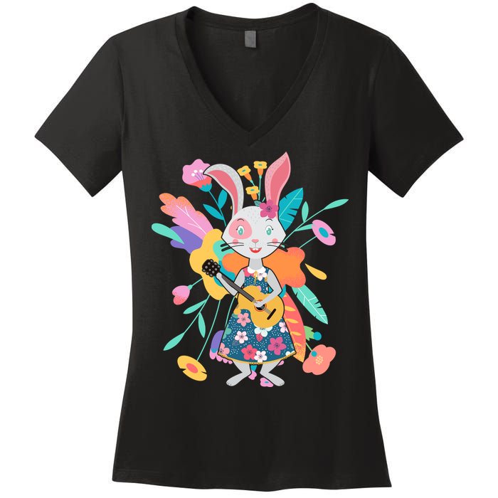 Cute Springtime Guitar Playing Bunny Rabbit Women's V-Neck T-Shirt