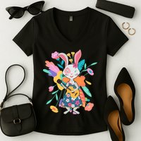 Cute Springtime Guitar Playing Bunny Rabbit Women's V-Neck T-Shirt