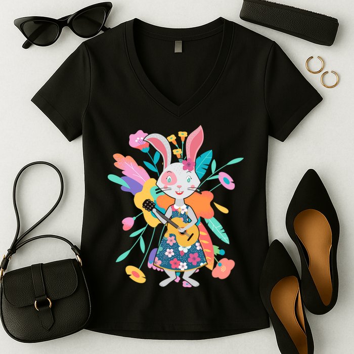 Cute Springtime Guitar Playing Bunny Rabbit Women's V-Neck T-Shirt