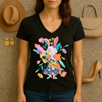 Cute Springtime Guitar Playing Bunny Rabbit Women's V-Neck T-Shirt