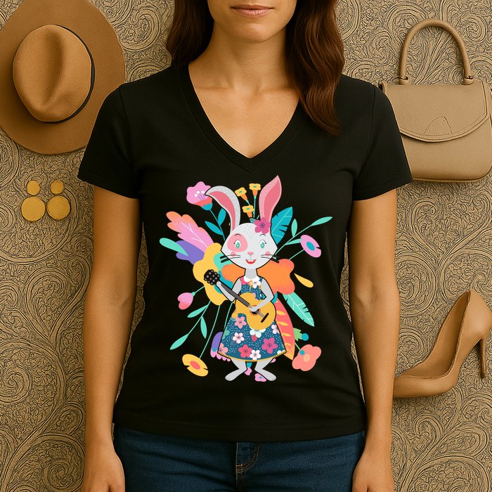Cute Springtime Guitar Playing Bunny Rabbit Women's V-Neck T-Shirt