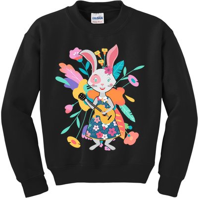 Cute Springtime Guitar Playing Bunny Rabbit Kids Sweatshirt