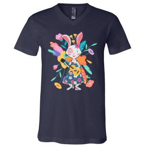 Cute Springtime Guitar Playing Bunny Rabbit V-Neck T-Shirt