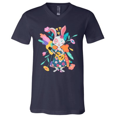 Cute Springtime Guitar Playing Bunny Rabbit V-Neck T-Shirt