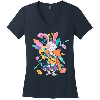 Cute Springtime Guitar Playing Bunny Rabbit Women's V-Neck T-Shirt