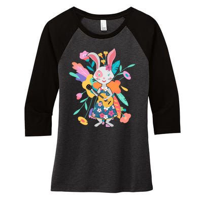 Cute Springtime Guitar Playing Bunny Rabbit Women's Tri-Blend 3/4-Sleeve Raglan Shirt