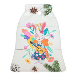 Cute Springtime Guitar Playing Bunny Rabbit Ceramic Bell Ornament