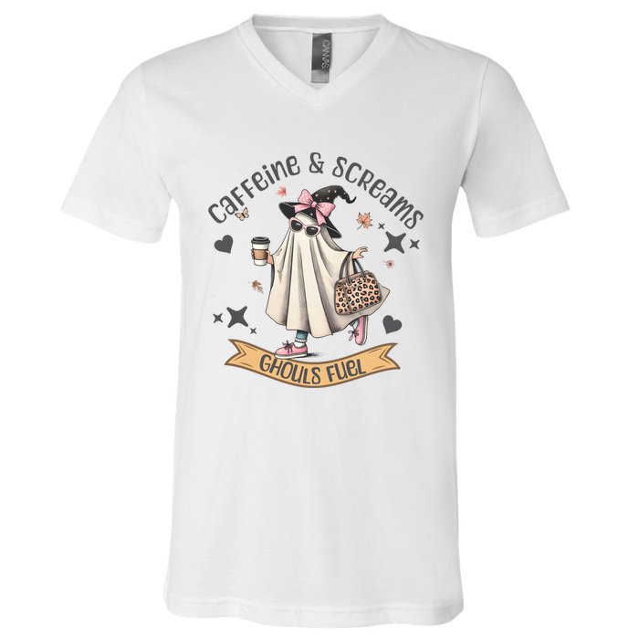 Caffe & Screams Ghouls Fuel Cute Halloween V-Neck T-Shirt