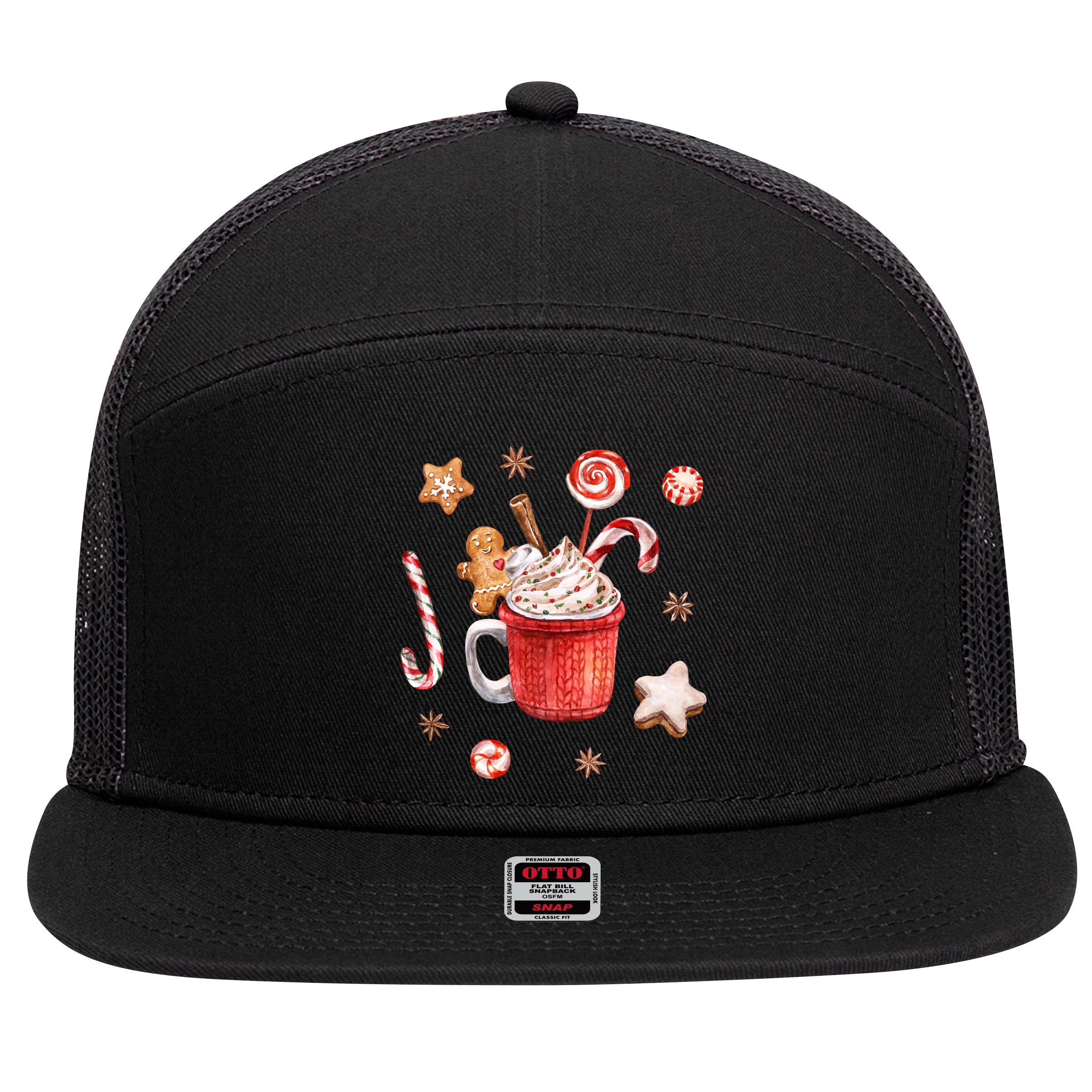 Christmas Season Gingerbread Hot Coco 7 Panel Mesh Trucker Snapback Hat