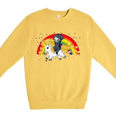 Cute Scary Ghost Face Skull Reaper On Golden Unicorn Rainbow Premium Crewneck Sweatshirt