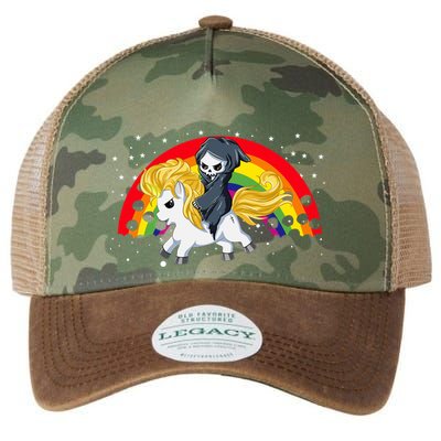 Cute Scary Ghost Face Skull Reaper On Golden Unicorn Rainbow Legacy Tie Dye Trucker Hat