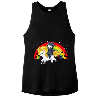Cute Scary Ghost Face Skull Reaper On Golden Unicorn Rainbow Ladies PosiCharge Tri-Blend Wicking Tank