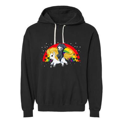 Cute Scary Ghost Face Skull Reaper On Golden Unicorn Rainbow Garment-Dyed Fleece Hoodie