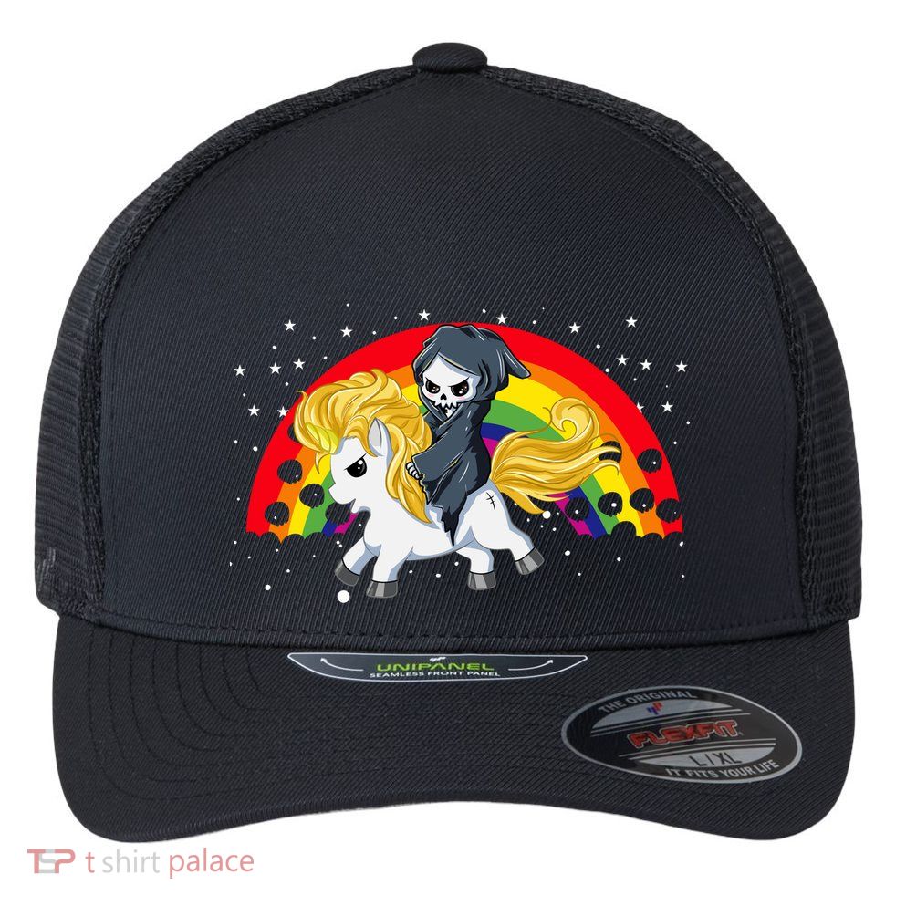Cute Scary Ghost Face Skull Reaper On Golden Unicorn Rainbow Flexfit Unipanel Trucker Cap