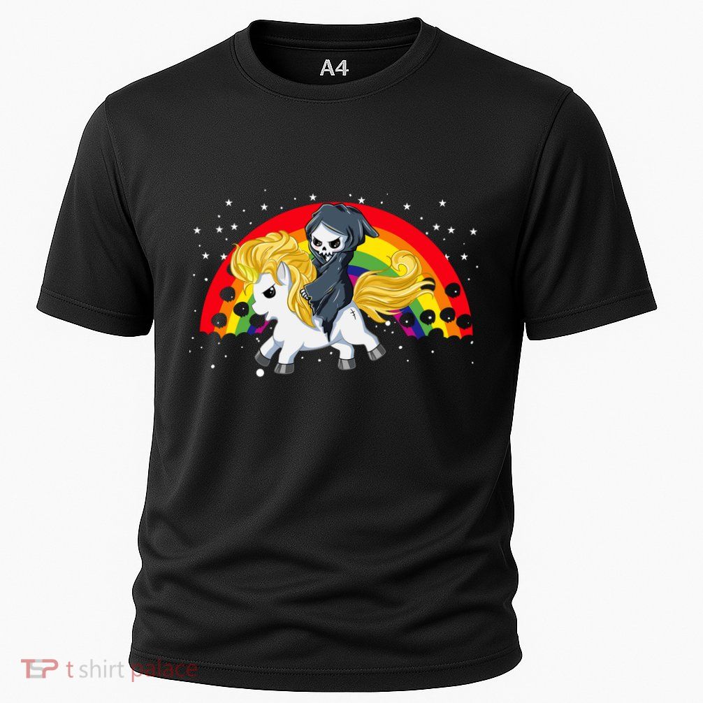 Cute Scary Ghost Face Skull Reaper On Golden Unicorn Rainbow Performance Shirt