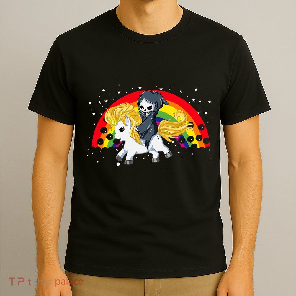 Cute Scary Ghost Face Skull Reaper On Golden Unicorn Rainbow T-Shirt