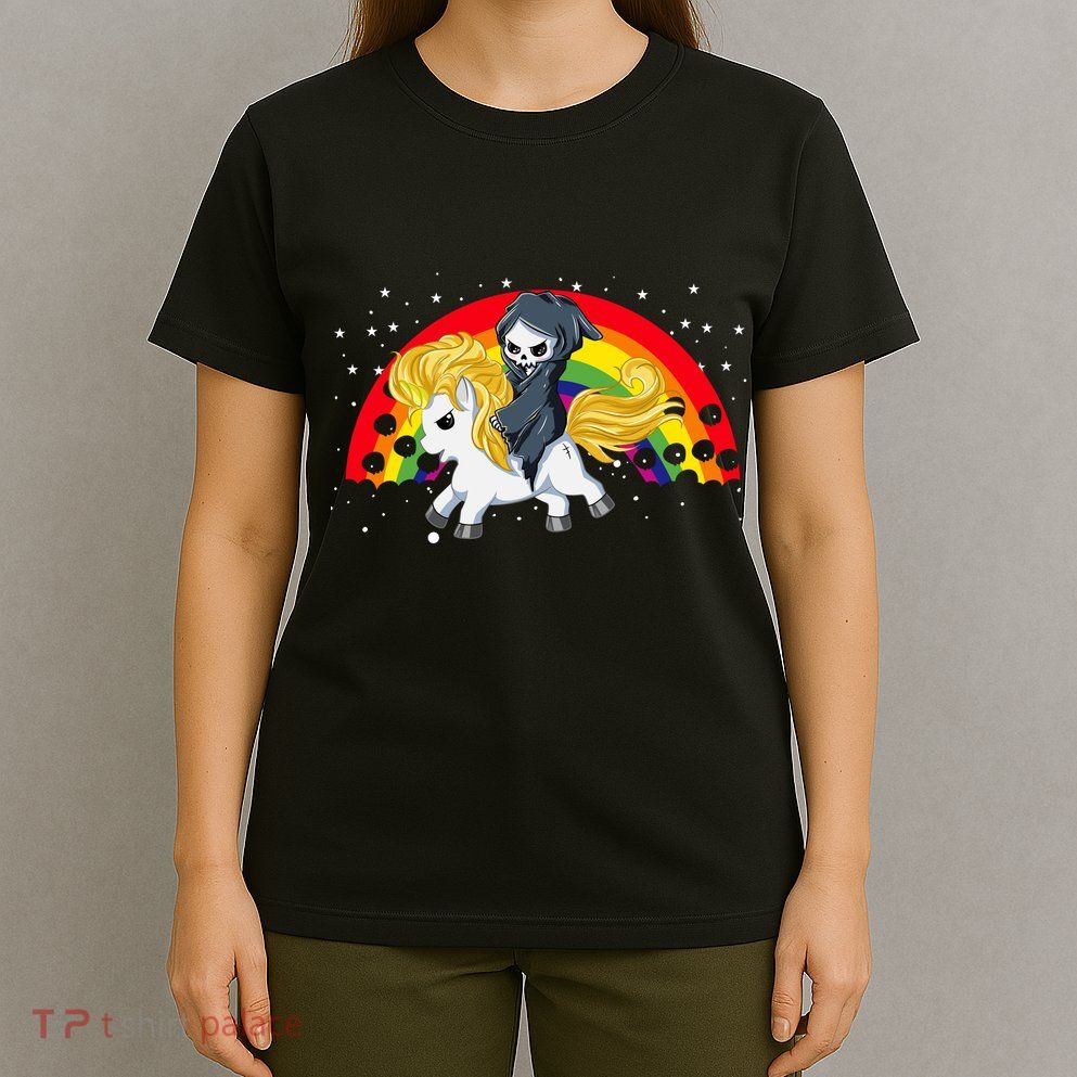 Cute Scary Ghost Face Skull Reaper On Golden Unicorn Rainbow T-Shirt