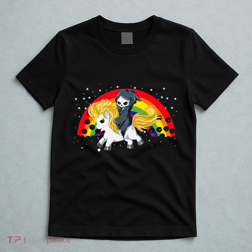 Cute Scary Ghost Face Skull Reaper On Golden Unicorn Rainbow T-Shirt