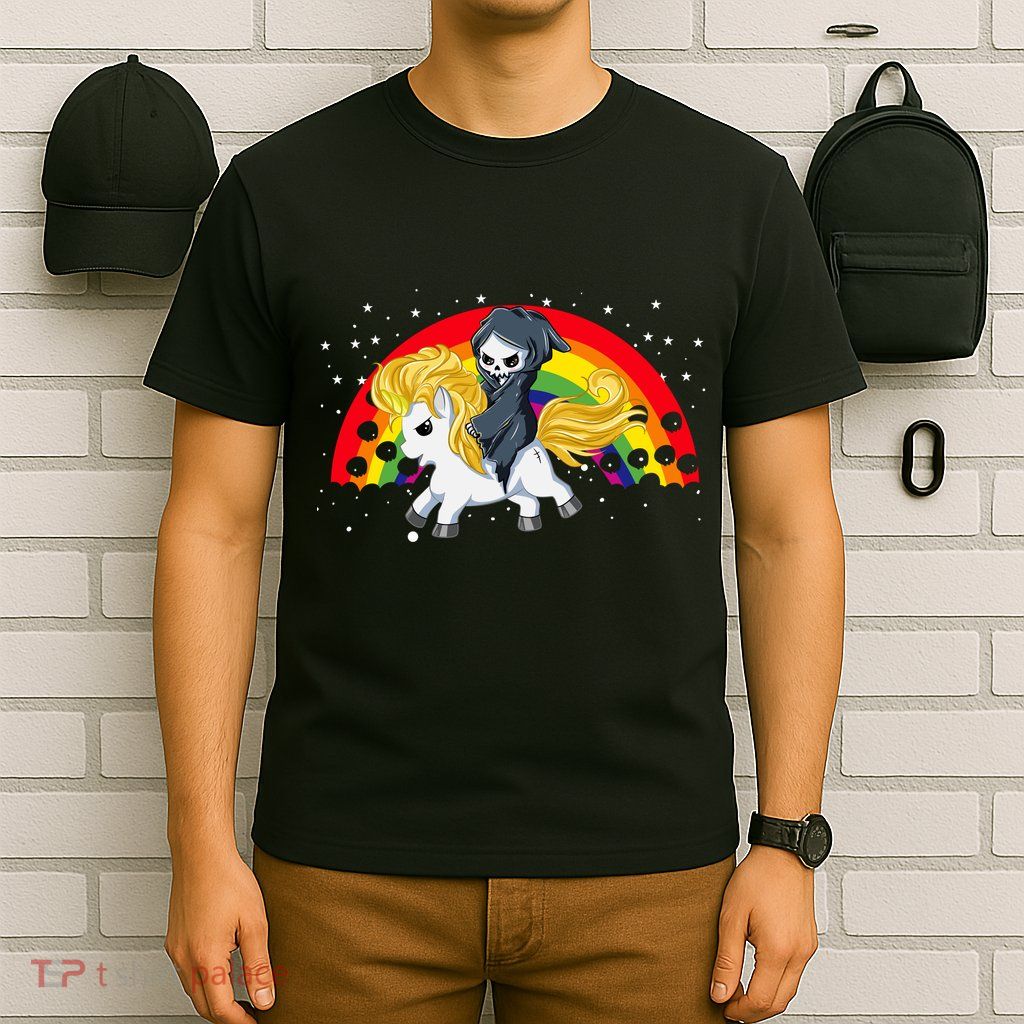 Cute Scary Ghost Face Skull Reaper On Golden Unicorn Rainbow T-Shirt
